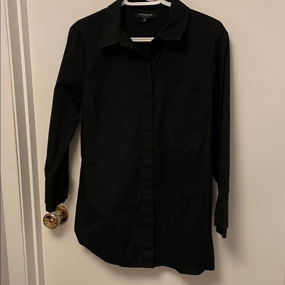 Women’s Lafayette 148 Black Button Up Shirt With 3/4 Length Sleeves Size 10